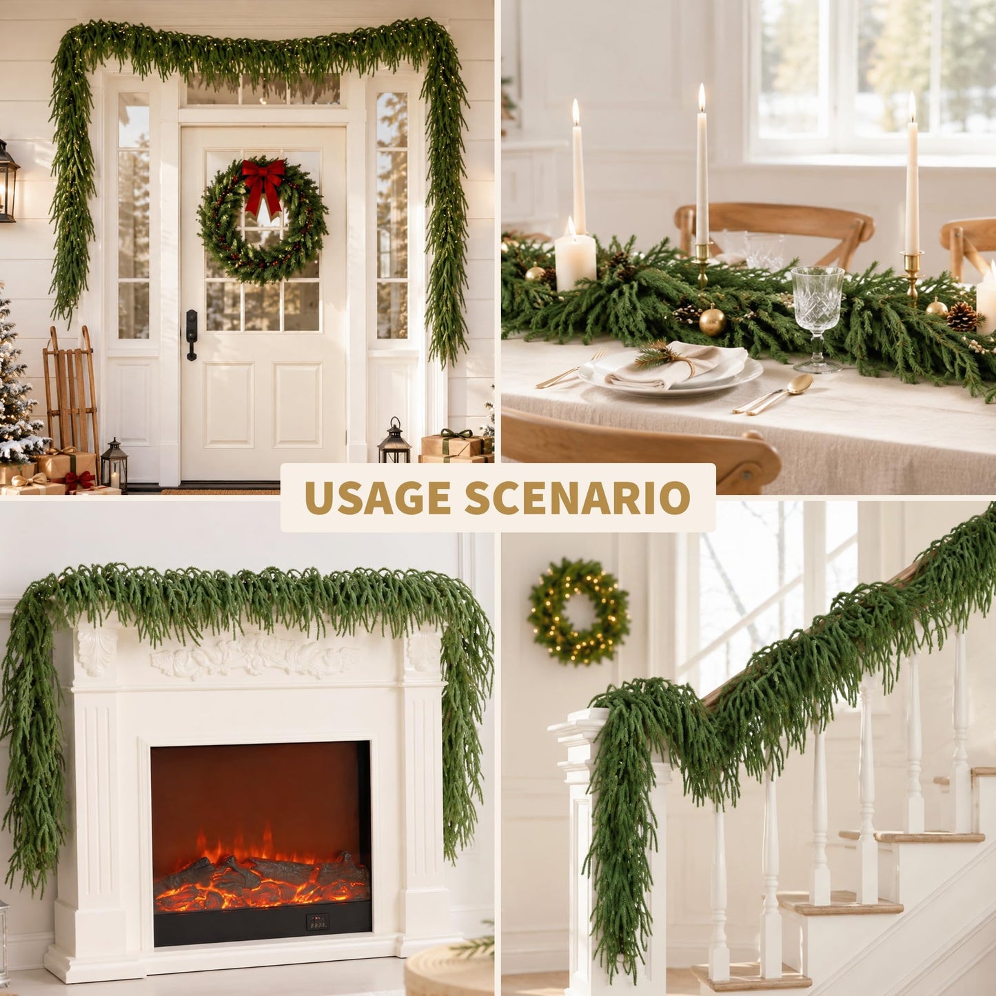 9FT Christmas Garland Norfolk Pine Garland Real Touch Artificial Greenery Garland for Mantle Fireplace Table Indoor Outdoor Holiday Decortions