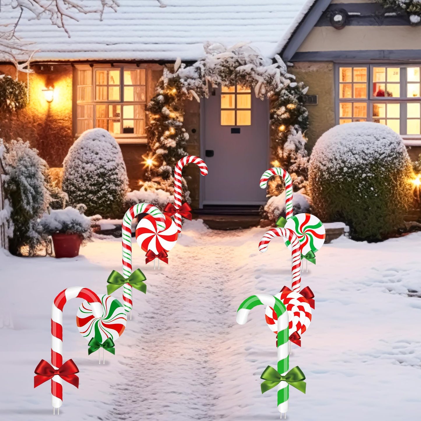 Glenmal 12 Pcs Christmas Yard Decor Outdoor Peppermint and Candy Cane Yard Decorations with Stakes Waterproof Xmas Garden Lawn Pathway Decorations Christmas Decor Outside(Red White, Red Green)