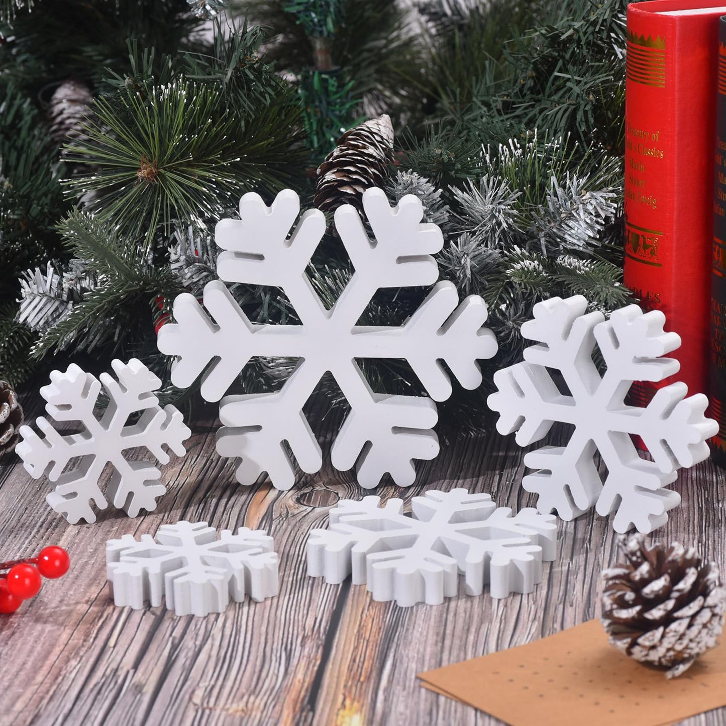5 Pcs Winter Wooden Snowflake Decor Christmas Snowflake Signs 3D Decoration Tabletop Wood Snowflakes Centerpiece White Block Table Decor Standing Sign for Xmas Fireplace Mantel Home (white)