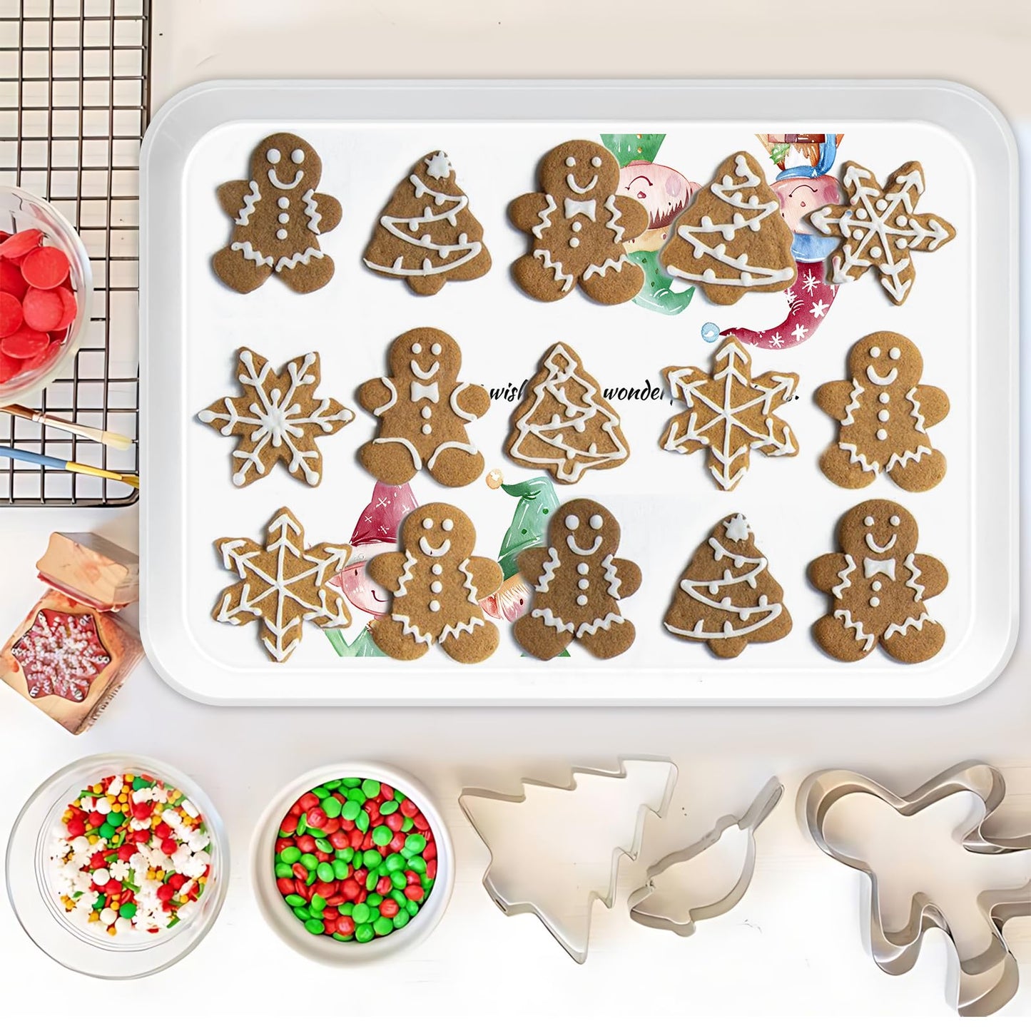 Jrusmr 4-Piece Christmas Serving Tray Set, 15 x 11 Inch Reusable Melamine Platters with Festive Elf Cartoon Designs, Rectangular Holiday Trays for Snacks, Fruits, Desserts & Candy