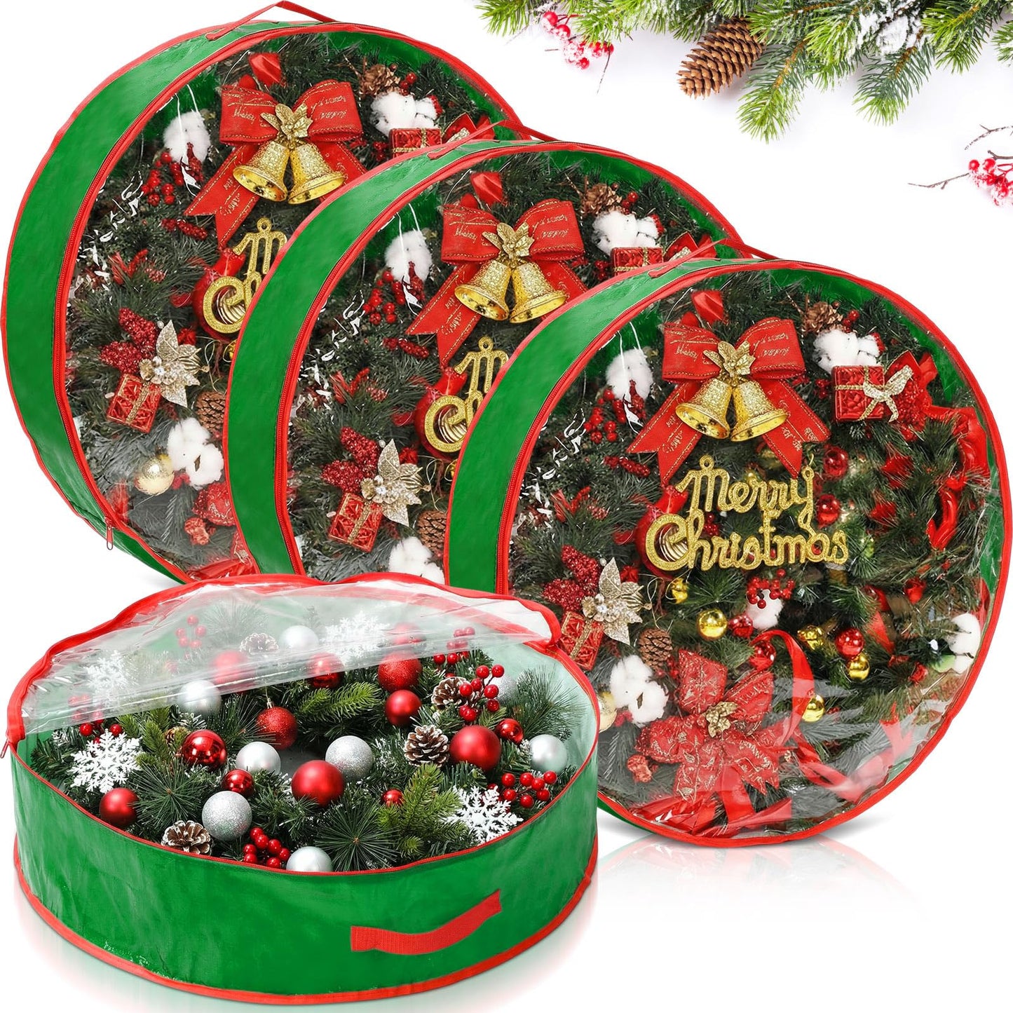 Aliceset 4 Pack Wreath Storage Containers, Ornament Garland Wreath Storage Bags with Handle Zipper Decorative Storages Box for Christmas in July Wreaths(24 x 24 x 7.8 Inch,Light Green)