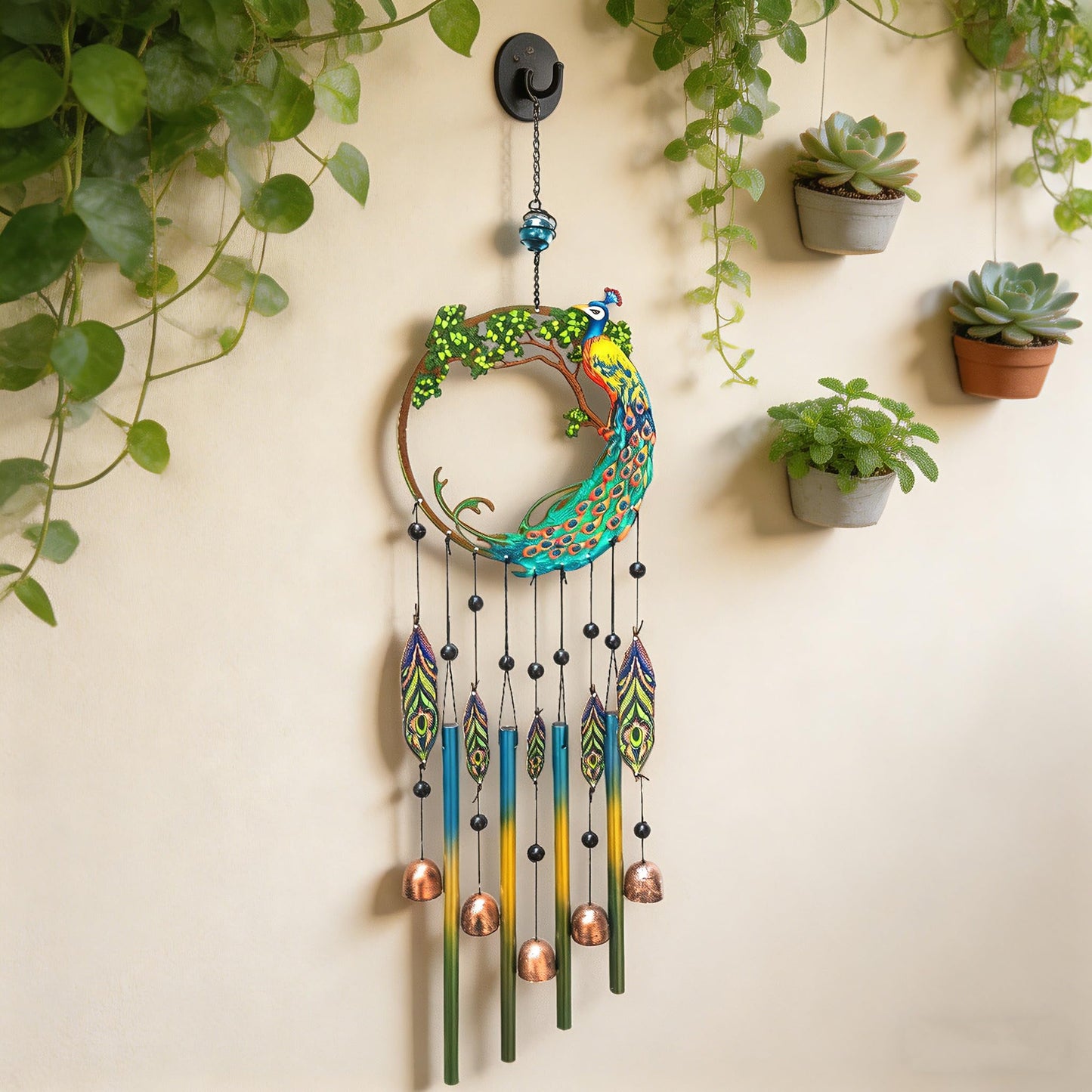 Peacock Dream Catchers Windchimes with Copper Bells 28" Peacock Wind Chimes for Zen Atmosphere Outdoor Garden Decor Unique Peacock Gift Home Decor