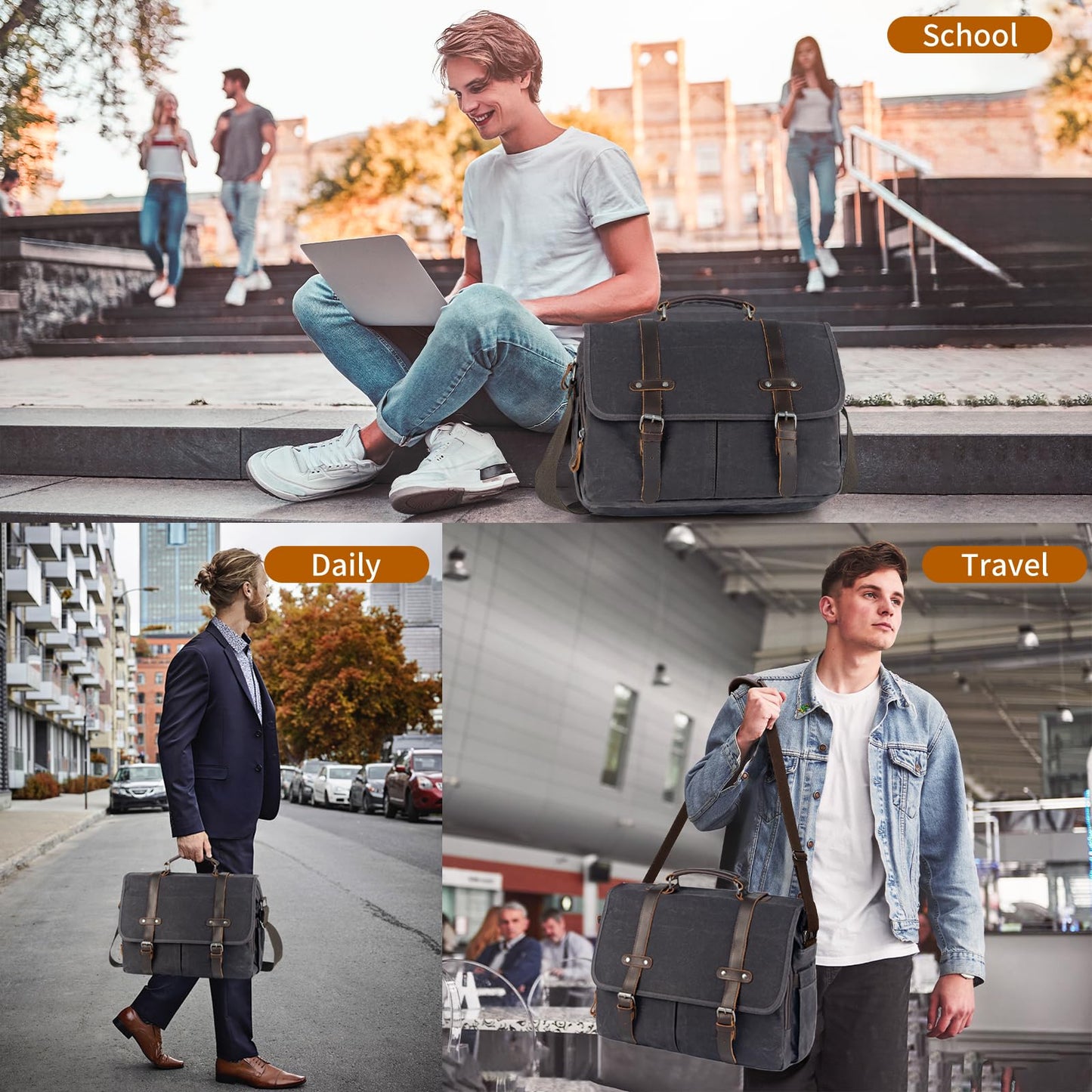 Wogarl 15.6 Inch Messenger Bag for Men Genuine Leather Waxed Canvas Briefcase Large Computer Laptop Bag, Satchel Shoulder Handbags Crossbody Bags for Work (Grey Black)