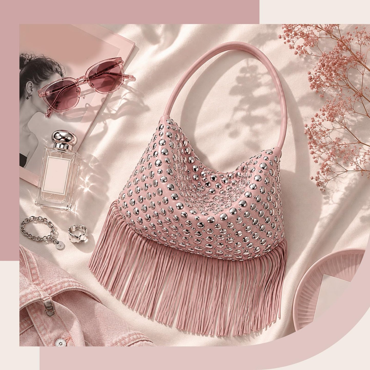 Gixuantang Leather Hobo Shoulder Bags for Women,Fringe Tassel Bucket Tote Handbag with Studded Silver Rivet in Daily Life (Pink)