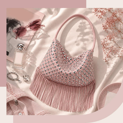 Gixuantang Leather Hobo Shoulder Bags for Women,Fringe Tassel Bucket Tote Handbag with Studded Silver Rivet in Daily Life (Pink)
