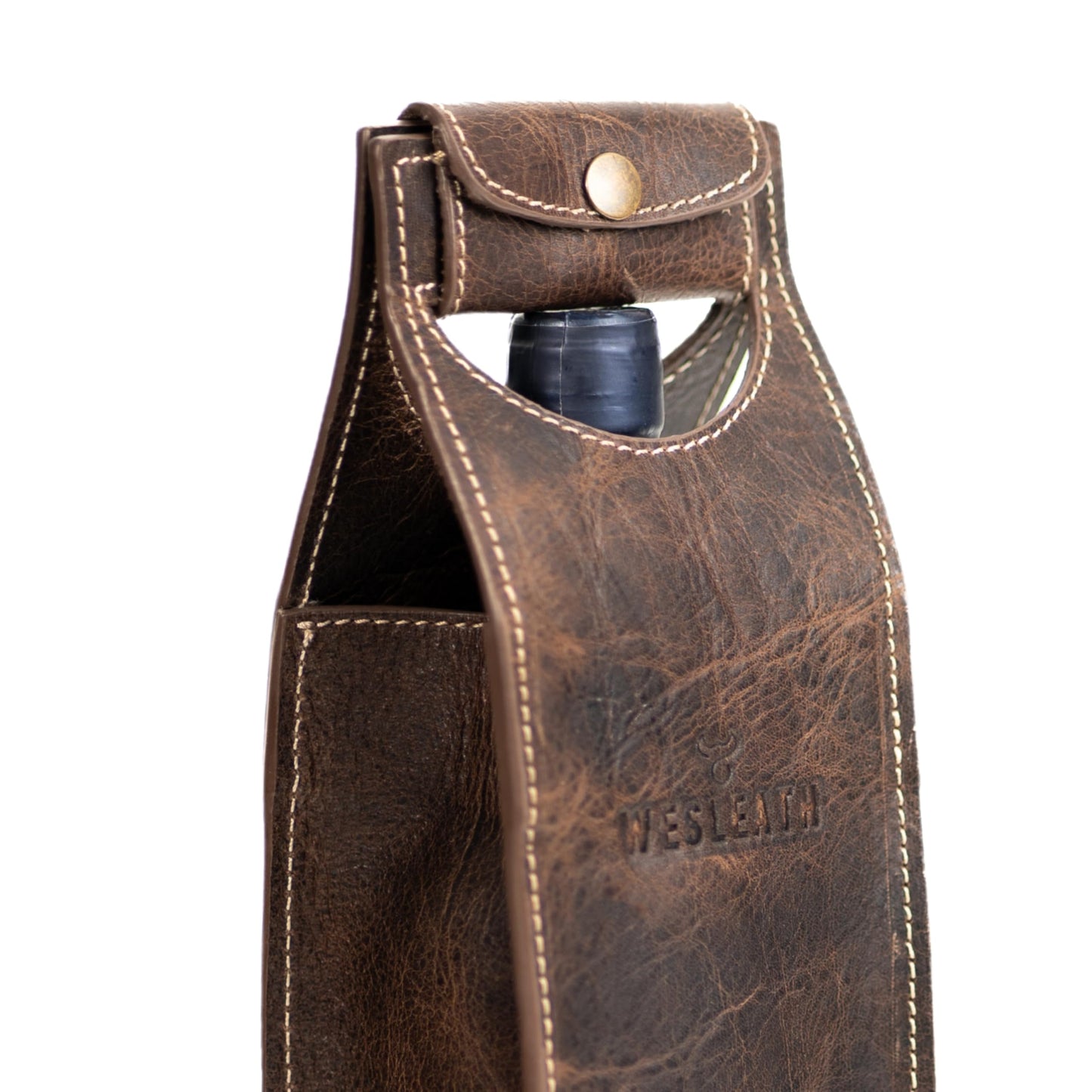 Leather Tote Wine Carrier Bag | Premium Quality Single Bottle Carry with Strong Handles, Full Grain Leather & Metal Buckle - Protective Carrier for Picnic, Wine Champagne Gift Bag in Chocolate