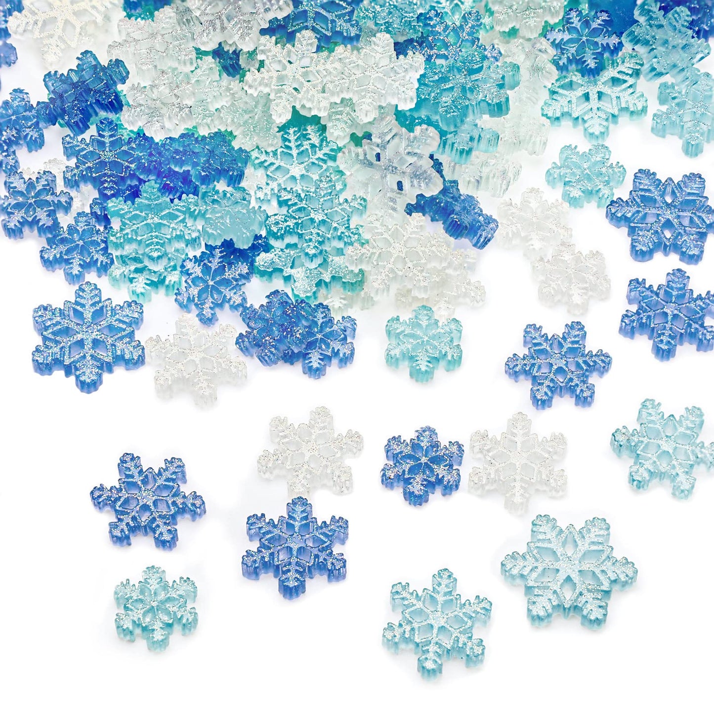 Yookeer 150 Pcs Christmas Mini Resin Snowflakes for Crafts Small Pastel Resin Snowflakes Snow Shaped Christmas Ornaments for DIY Crafts Xmas Tree Home Decor, 3 Sizes(White, Blue, Light Green)