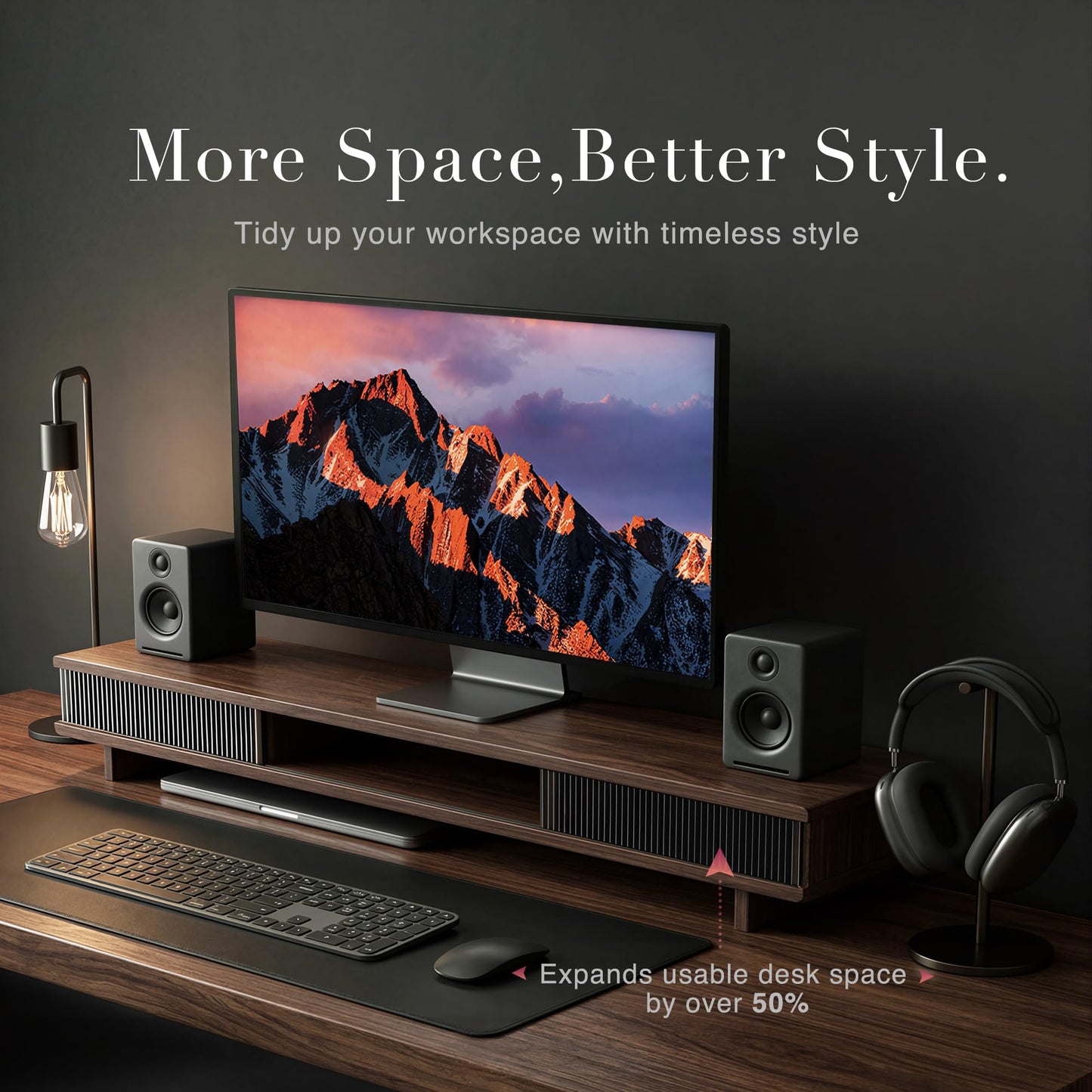 UniAbode Dual Monitor Riser with Sliding Doors & Storage - 42.5" Extra Wide Dual Monitor Stand for Desk Organizer,Desk Shelf for Office & Gaming - Acrylic Wave Design,110 lbs Capacity,Walnut
