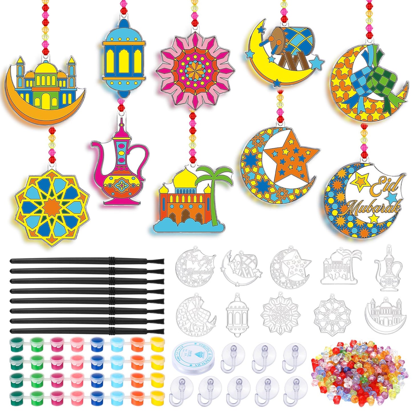 Beeveer 30 Sets Ramadan Suncatchers Art Kits DIY Eid Al Fitr Crescent Moon and Star Mosque Suncatcher Crafts Paint Your Own Window Ornaments for Boys Girls Islamic Eid Mubarak Activities Party Favor