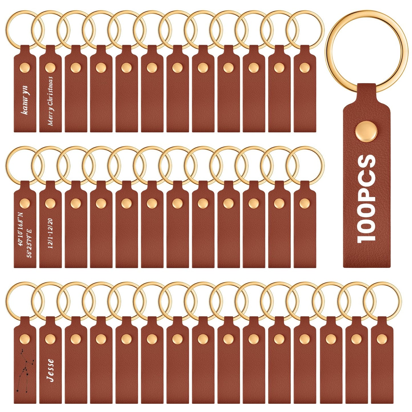 Wavyknot 100 Pcs PU Leather Keychain Blanks Bulk Laser Engraving Blanks Keychain Kit with Key Rings for DIY Key Chains Craft(3.7 x 0.7 Inches, Dark Brown)
