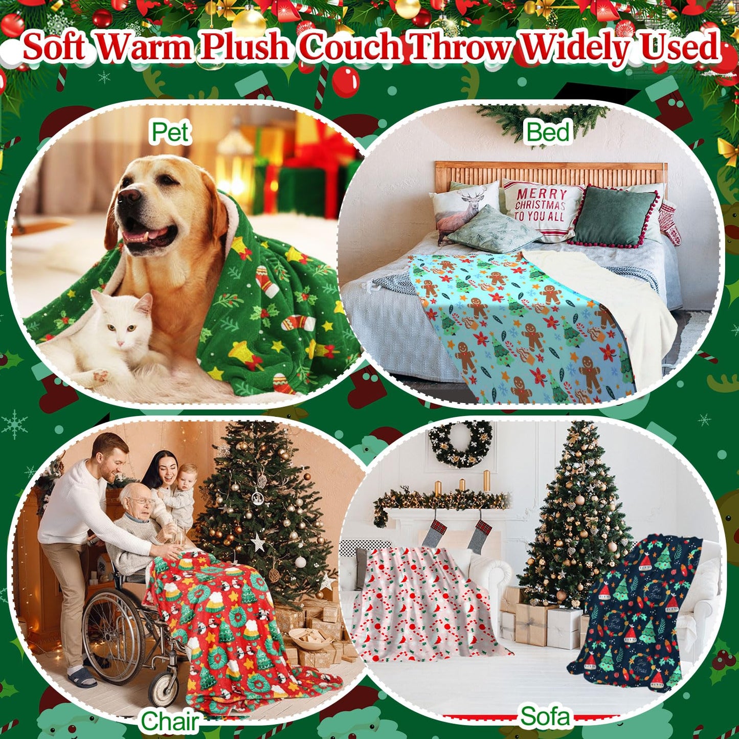 Windkream 12 Pcs Christmas Throw Blankets with Ribbon Xmas Fleece Blankets Gingerbread Snowman Lightweight Soft Warm Plush Couch Throw for Living Room Home Decor(60 x 80 Inch)