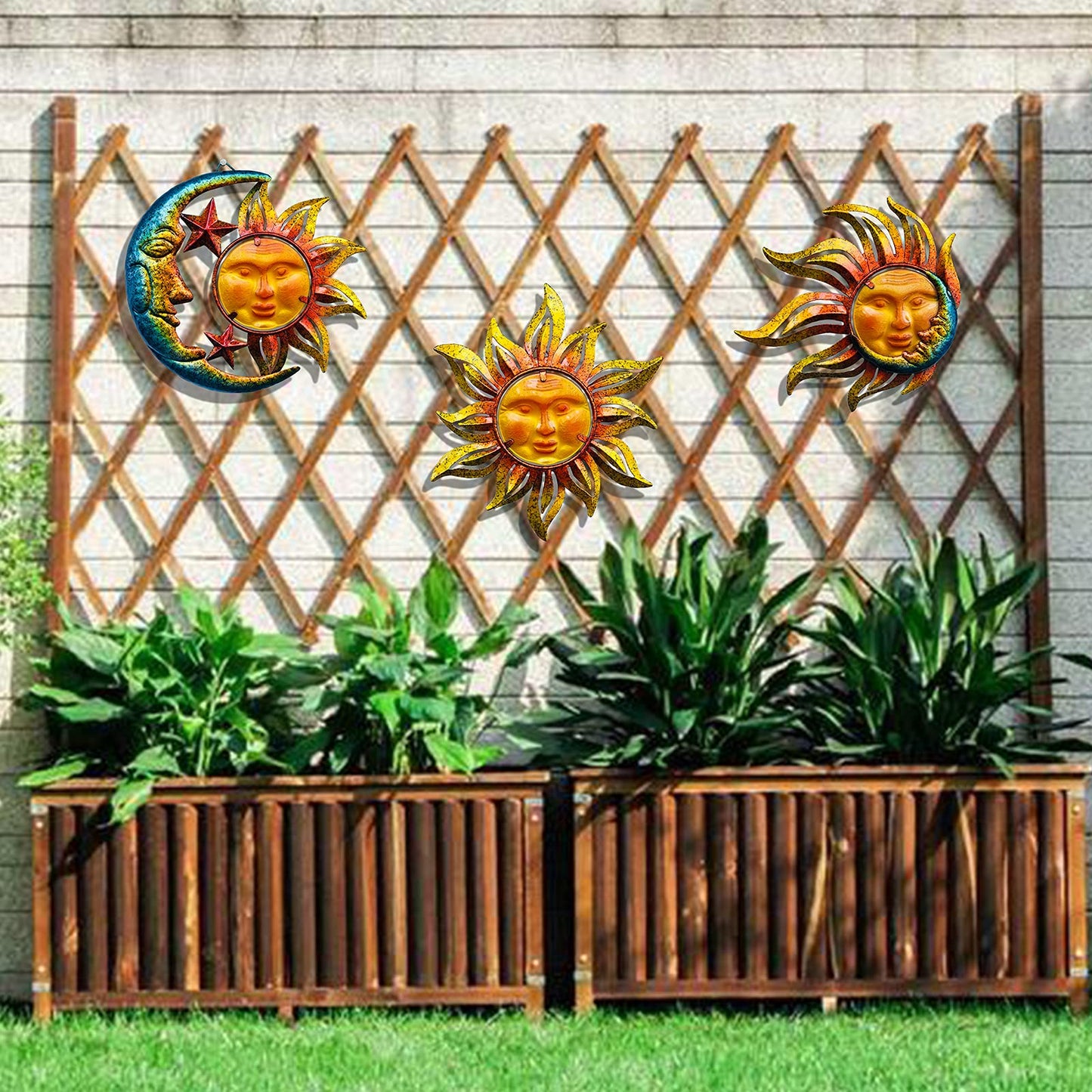 NewVees Sun Face Metal Wall Art Décor Outdoor Indoor, Sun Moon Star, Metal Glass Hanging for Garden Sun Face Sculptures & Statues Statues Wall Art for Farmhouse, Patio, Garden Decoration(3 Pack)