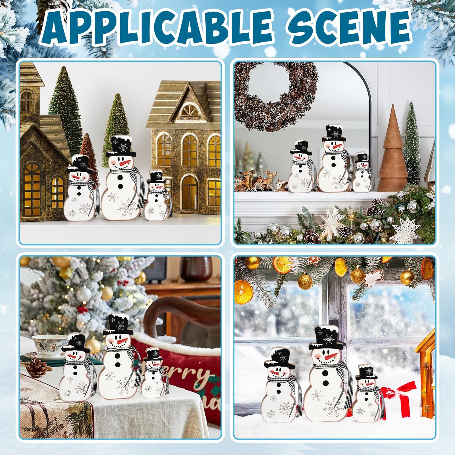 3 Pcs Christmas Snowman Table Decor Wooden Snowman Tables Centerpieces Block Winter Wood Tabletop Sign Rustic Merry Xmas Decorations Indoor for Tiered Tray Office Desk Shelf Home Mantel Holiday Party