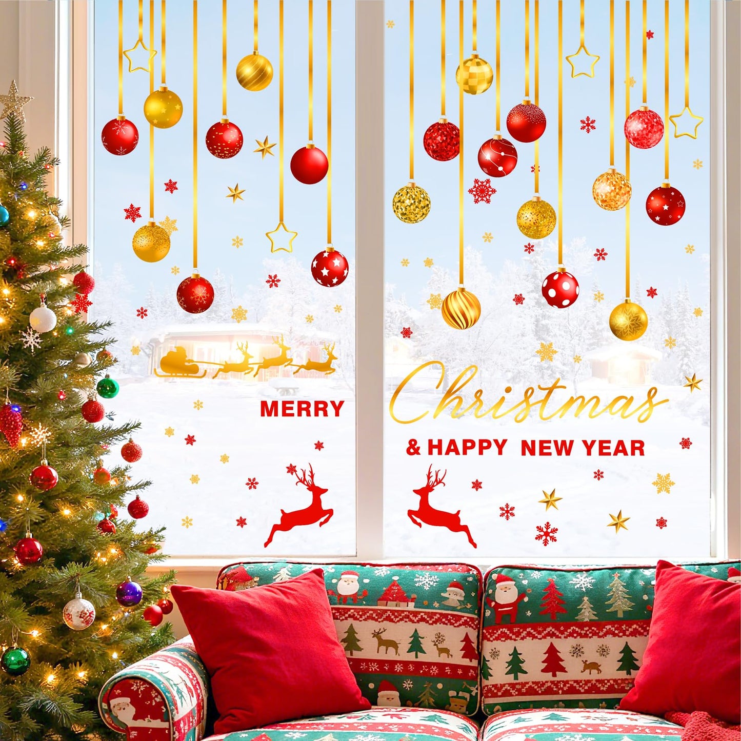 Christmas Bell Wall Stickers Large Ornament Wall Decals Peel and Stick Merry Christmas New Year Wall Decals Clings Holiday Red Gold Snowflake Hanging Bells Window Sticekrs Xmas Party Decoration