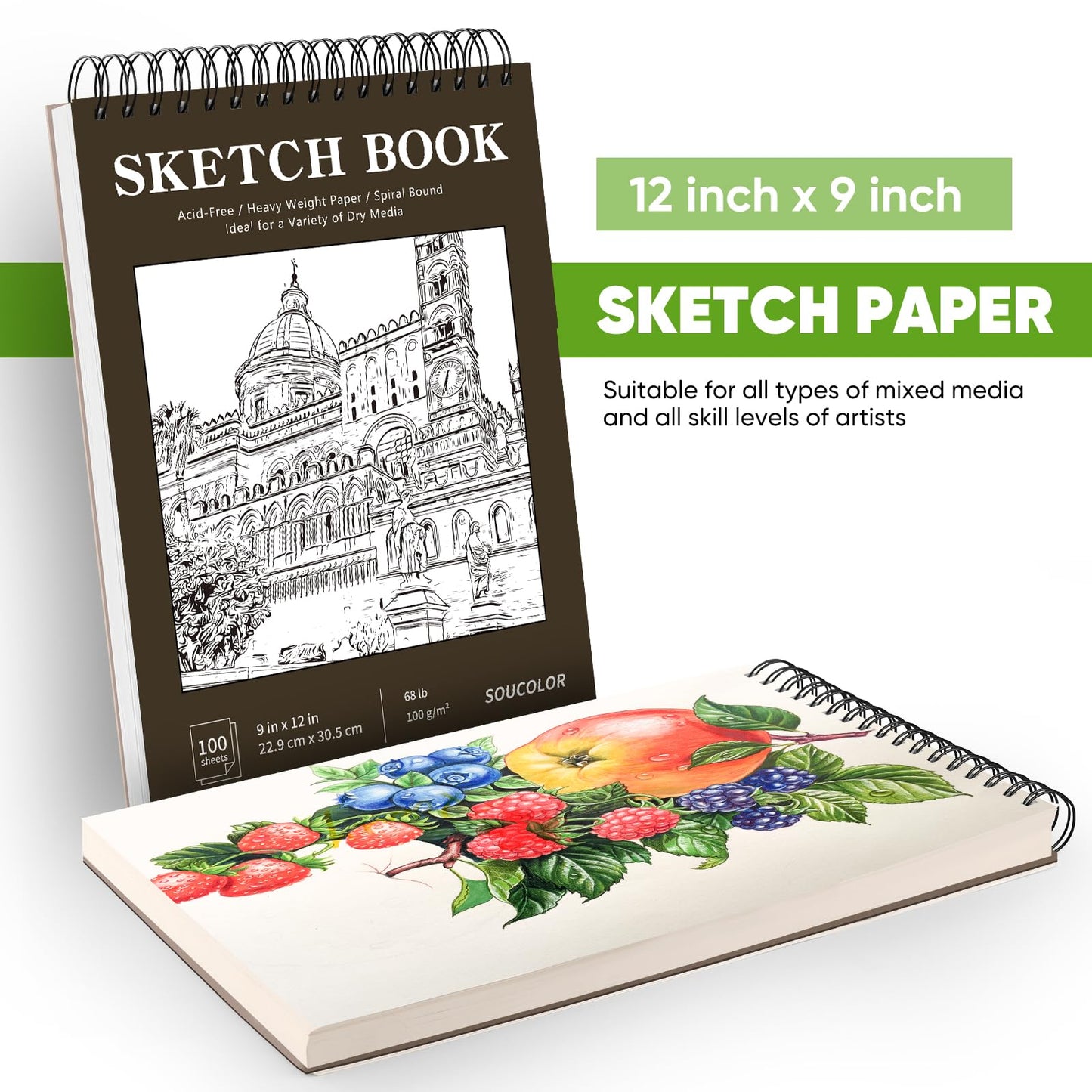 Soucolor 9" x 12" Sketch Book 100 Sheets, Acid Free (68lb/100gsm) Artist Drawing Paper Book Painting Sketching Pad, Classroom Must Haves Supplies for Teacher Student, Back to School Supplies