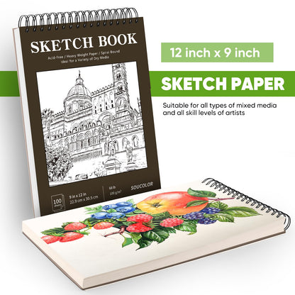 Soucolor 9" x 12" Sketch Book 100 Sheets, Acid Free (68lb/100gsm) Artist Drawing Paper Book Painting Sketching Pad, Classroom Must Haves Supplies for Teacher Student, Back to School Supplies