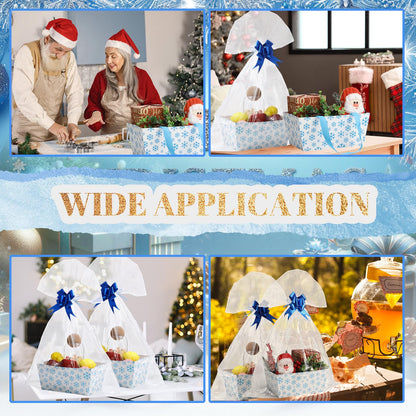 Moinchore 12 Pcs Snowflake Basket for Gifts Empty 9.8x6.5'' Winter White Blue Market Tray Cardboard Basket with Bows, Plastic Bags, Twist Ties, Empty to Fill for Holiday Birthday Xmas Winter Party