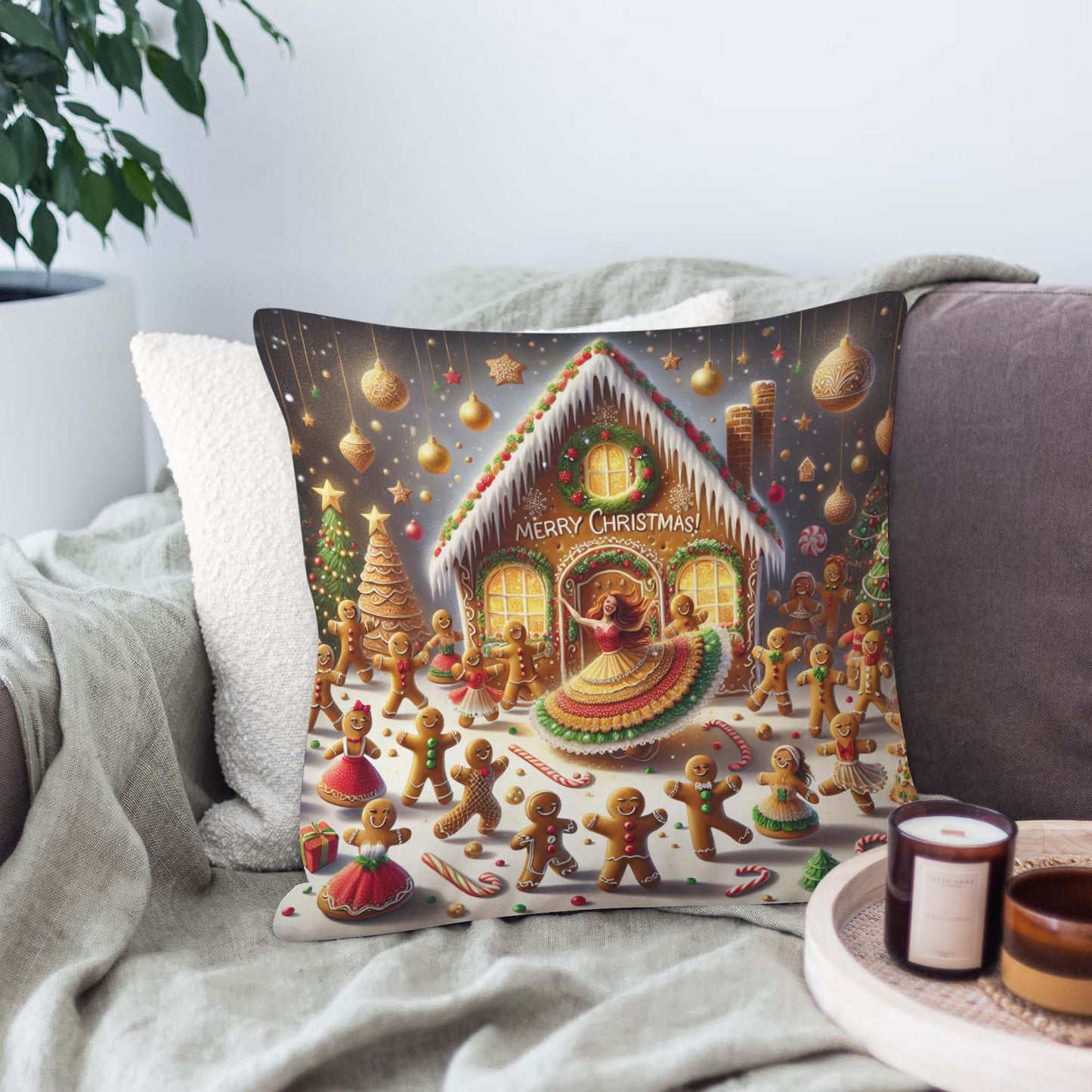 Jiaopenyou Throw Pillow Cover 20x20 Inch,Gingerbread Men in Gingerbread House Dancing with The Words Merry Christmas Throw Pillow Case,Home Decor Cushion Covers for Sofa Living Room Couch Bed