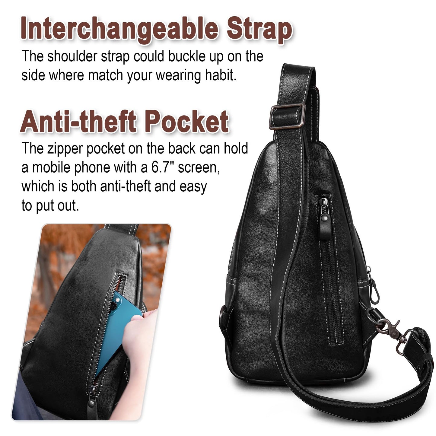 CENUNCO Genuine Leather Sling Bag Crossbody Chest Bag Sling Backpack Purse (Black)