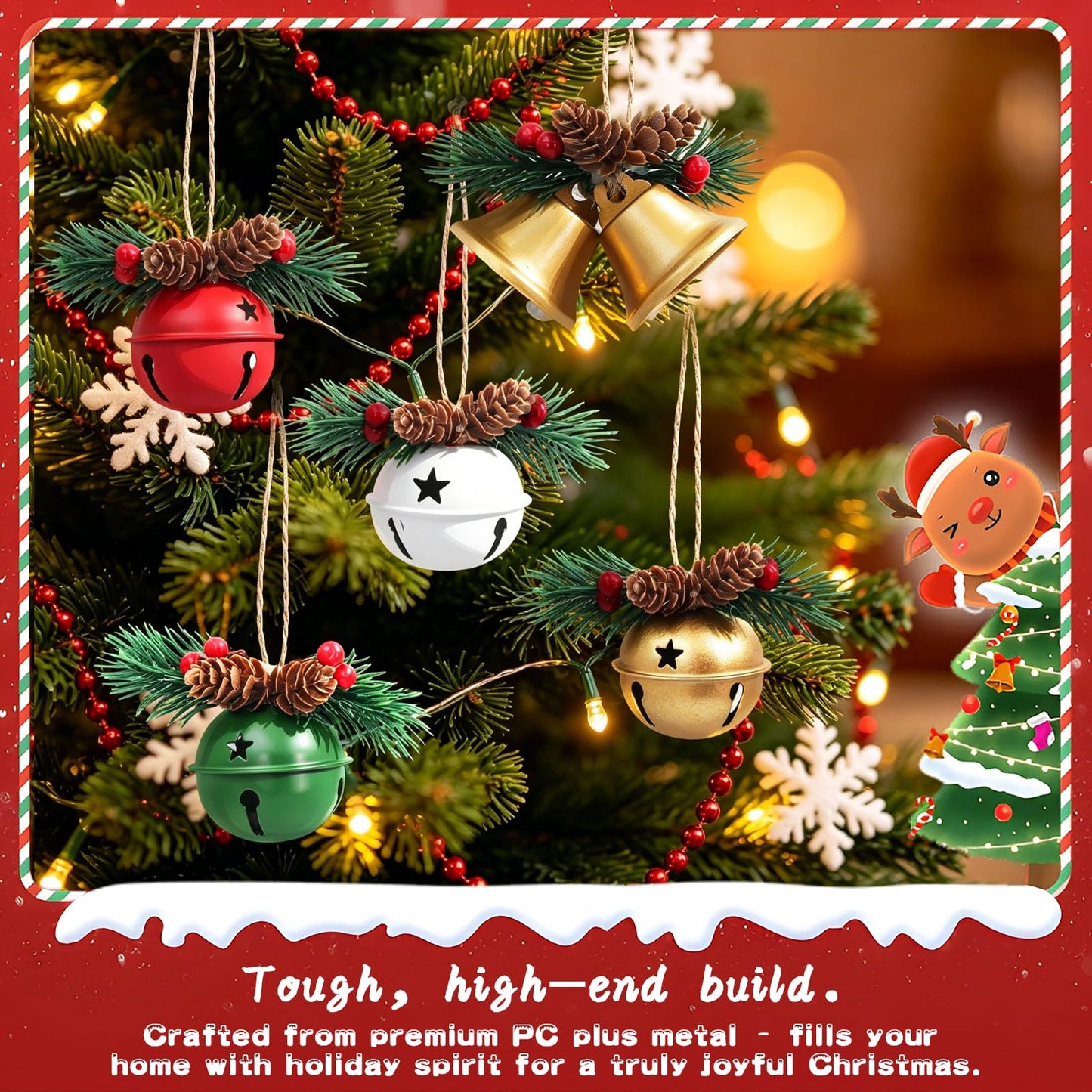 Partyotu 5 Pcs Christmas Bell Ornaments with Pine Cones & Red Berries, Rustic Metal Hanging Bells for Christmas Tree Decorations, Farmhouse Holiday Decor for Home, Mantel, Wreath & Garland