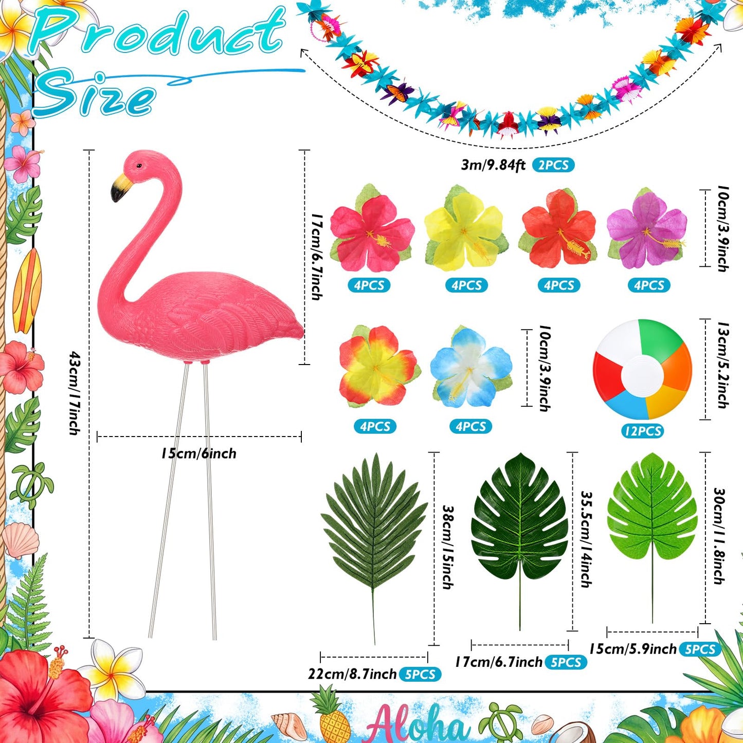 Glimin 54 Pcs Hawaiian Christmas Tree Decoration Set Tropical Flower Paper Garlands with Flamingo Tree Topper Hibiscus Flowers Palm Leaves Picks Beach Ball Ornament for Summer Hawaiian Luau Xmas Decor