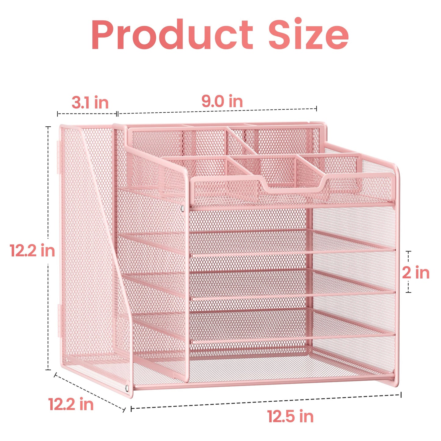 Lavatino Desk Organizer, 5-Tier Metal Mesh Paper Letter Tray with File Holder & 7 Flexible Dividers for Office or Home Desk Organizers and Accessories, Keep Workspace Supplies Neat & Organized, Pink