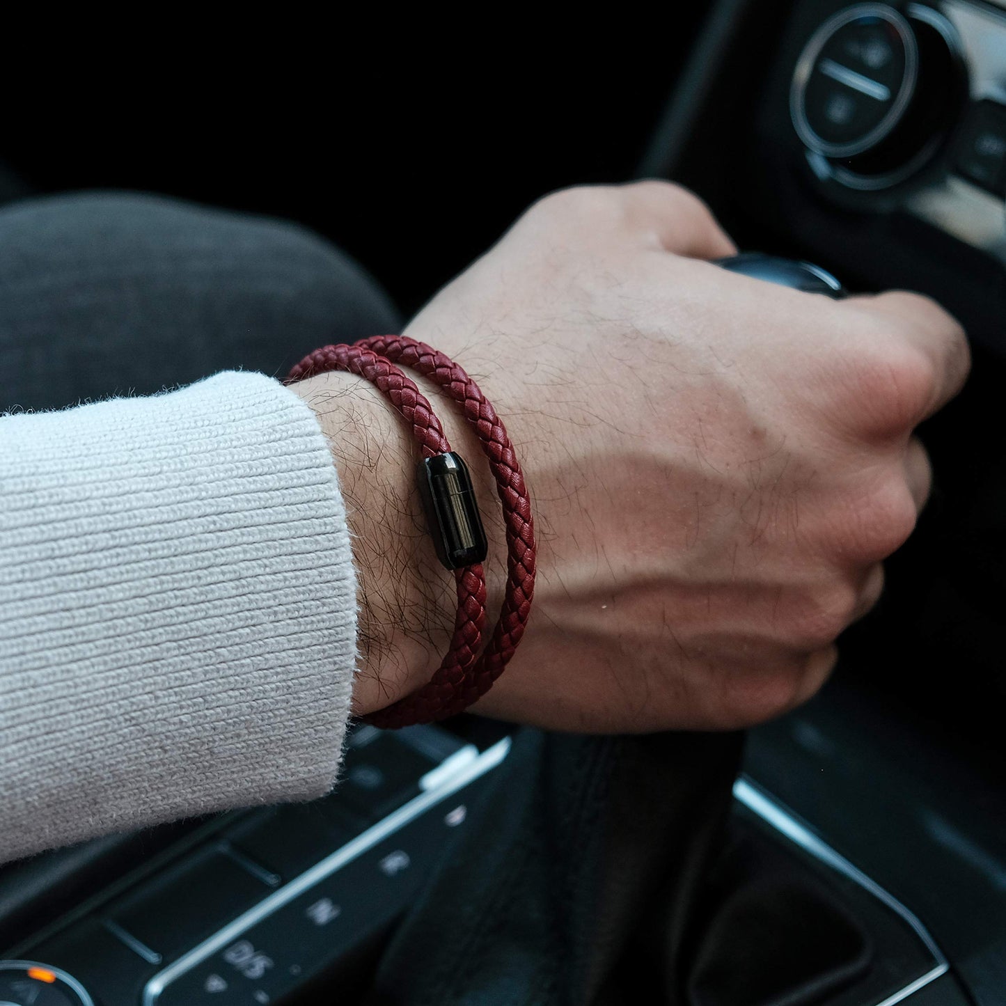 globi Leather Bracelet For Men | Genuine Wrap Braided Leather Cuff Bangle Bracelet with Magnetic Stainless Steel Clasp For Men/Women (Red 7”)