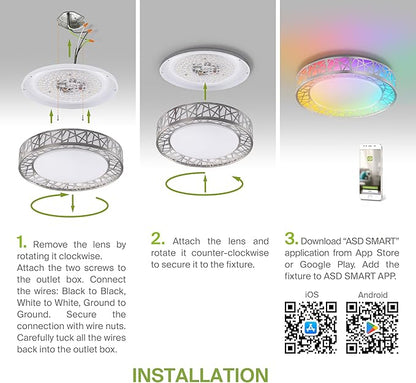 ASD 20 Inch Smart RGBW Flush Mount Ceiling Light with Remote - Brushed Nickel 42W 120V 2700-6500K Dimmable Ceiling Light Fixture, WiFi App Control RGB Lights, Alexa & Google Assistant - ETL