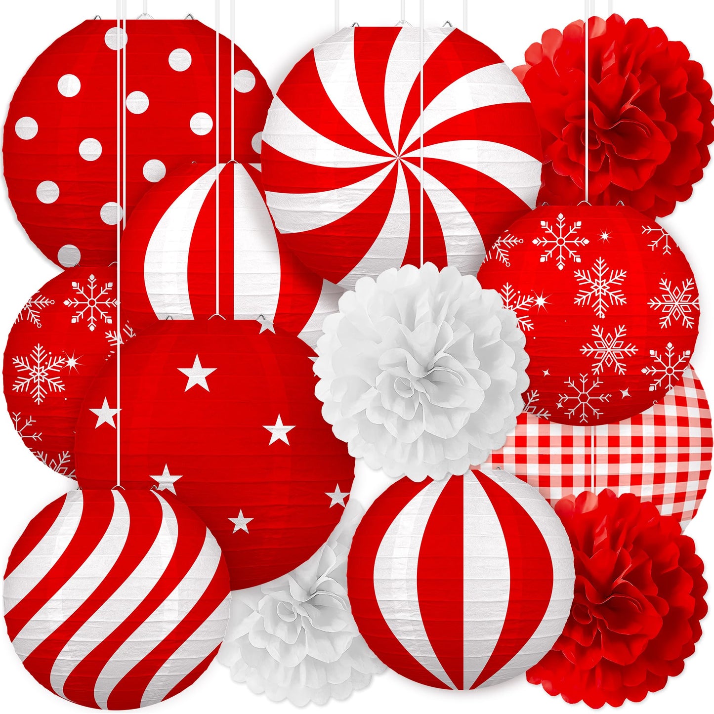 Renbuzhu 13PCS Christmas Decorations Ornaments Set – 9 Red White Hanging Paper Lanterns, 4 Pom Poms for Indoor, Home, Xmas Party, Porch Decor