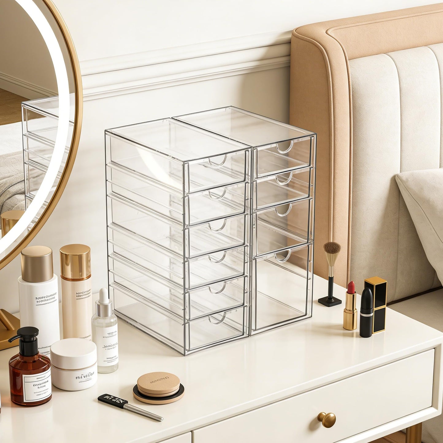 Prsildan Acrylic Drawer Makeup Organizer with 10 Drawers, Set of 2 Office Desk Organizers Accessories, Clear Stackable Storage Drawers for Vanity, Countertop, Craft, Jewelry, Art Supply Organization