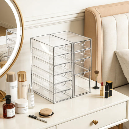 Prsildan Acrylic Drawer Makeup Organizer with 10 Drawers, Set of 2 Office Desk Organizers Accessories, Clear Stackable Storage Drawers for Vanity, Countertop, Craft, Jewelry, Art Supply Organization