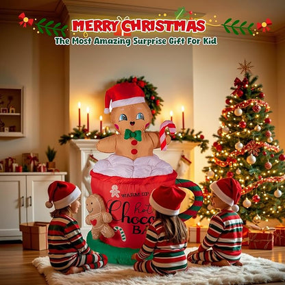 6.5FT Giant Inflatable Gingerbread Man with LED Lights, All-Weather Outdoor Christmas Decoration, Hot Chocolate Mug Yard Decor