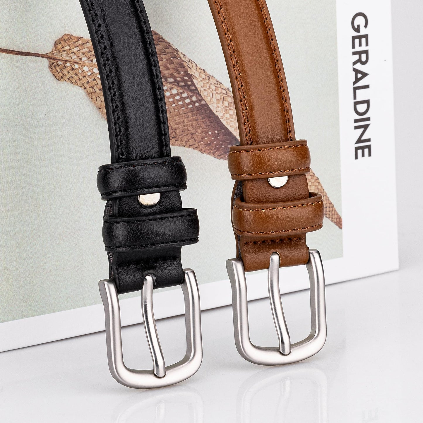 Alphyly Neries 2 Pack Leather Belts for Women Trendy, Women's Belts for Jeans Pants Dresses with Silver Buckle, Black and Brown, Fits Waist Size 26-31”