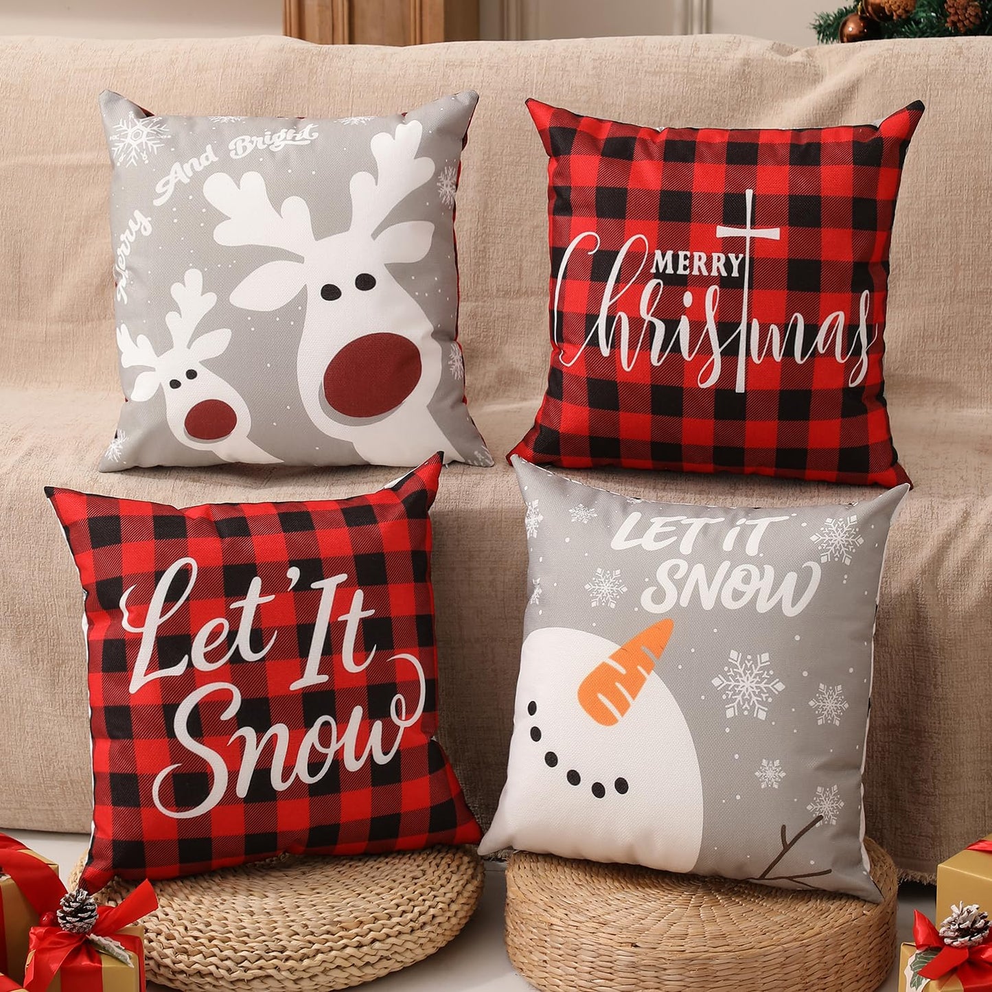 multiwins Double-Sided Print Christmas Pillow Covers 20"x 20" Set of 4, 8 Cute Christmas Patterns, Tree, Reindeer, Snowman, Joy, Let It Snow, Believe Etc, Perfect for Home Decor