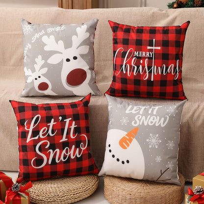 multiwins Double-Sided Print Christmas Pillow Covers 20"x 20" Set of 4, 8 Cute Christmas Patterns, Tree, Reindeer, Snowman, Joy, Let It Snow, Believe Etc, Perfect for Home Decor