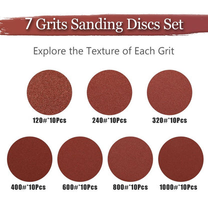 Szarint 5 Inch Sanding Discs Hook and Loop, 70 PCS 8 Hole Sandpaper Include 120, 240, 320, 400, 600, 800, 1000 Grit for Random Orbital Sander