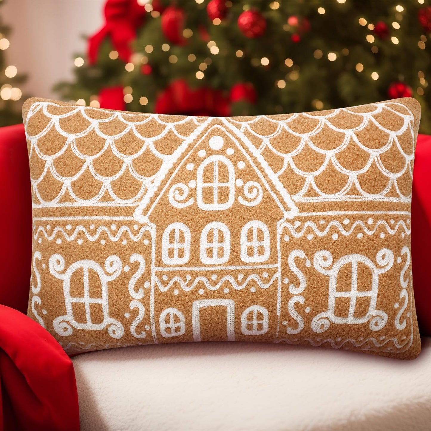 Tudomro Christmas Gingerbread House Pillow Covers 12x20 Inch Gingerbread House Shaped Embroidered Sherpa Holiday Decorative Throw Pillow Cases for Xmas Home Bedroom Couch(Retro,Brown)