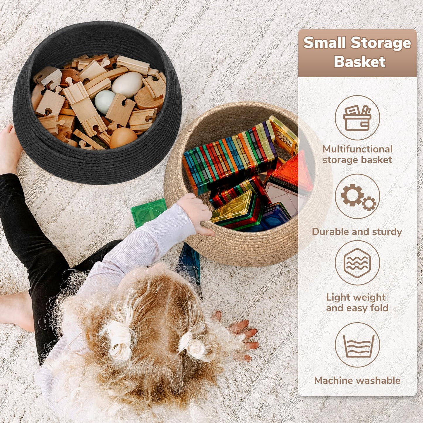 Goodpick Small Rope Storage Basket, Black Round Baskets for Socks, Dog Toys, Towels, Cute Baby Basket for Living Room, Bedroom, Nursery, Towel Baskets for Bathroom, 10 x 8.3 inches