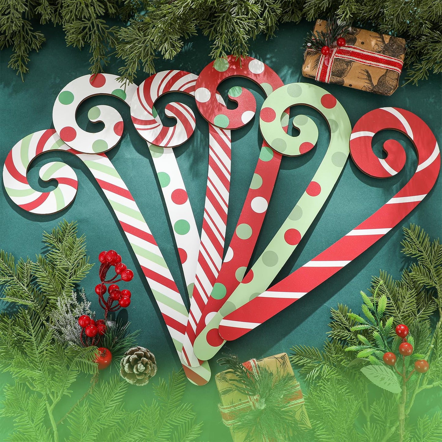 Yalikop 6 Pcs Large Christmas Candy Canes Decoration 15.75'' Wooden Red Green White Polka Dots Stripes Ornament Lollipop Candy Cane Ornaments for Christmas Tree Xmas Crafts Party Decor (Lovely)