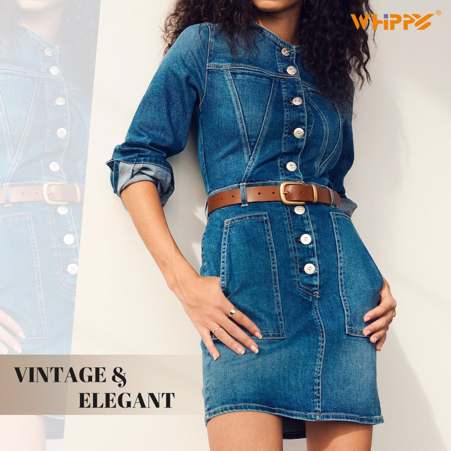 WHIPPY Womens Genuine Leather Belts for Jeans Pants Fashion Vintage Ladies Leather Belt with Gold Buckle, Cognac, S