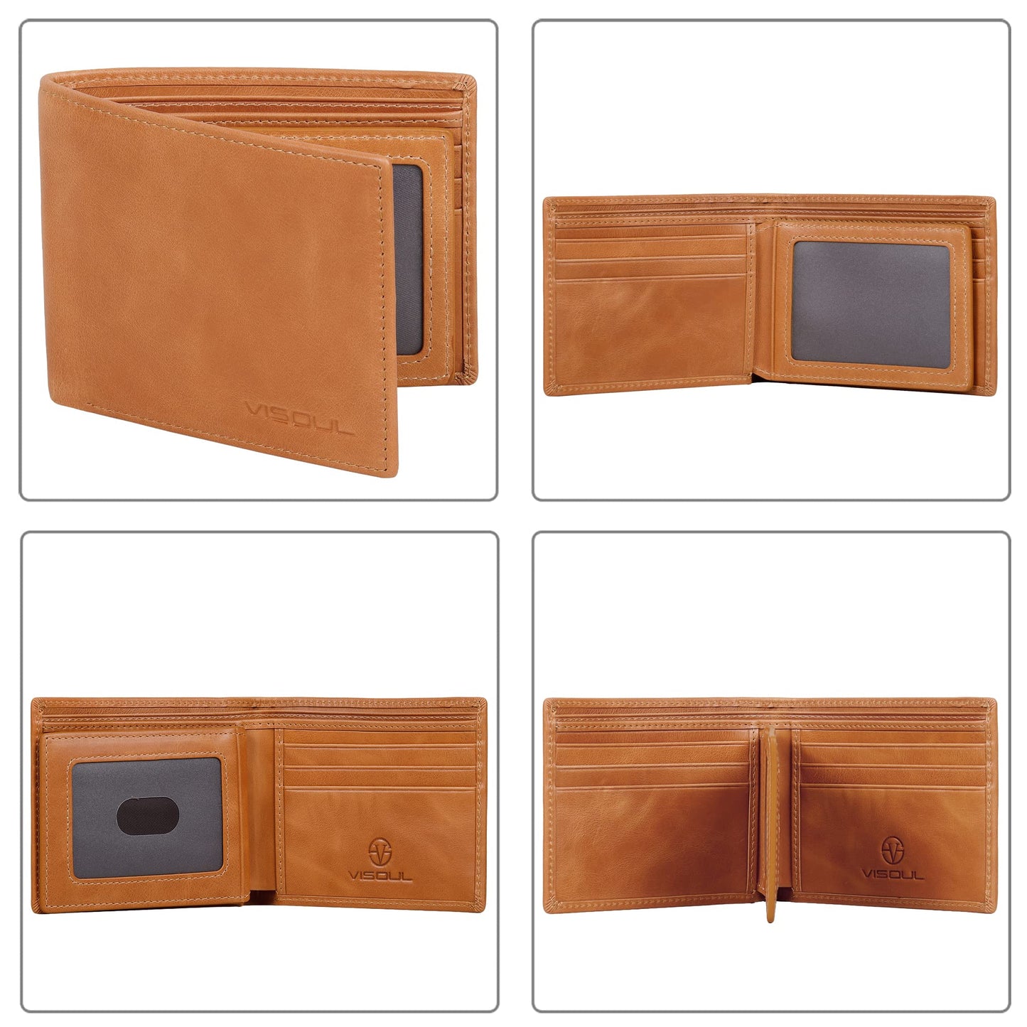 VISOUL Leather Mens Bifold RFID Blocking Wallet with 2 ID Windows, Leather Wallet for Men (Leather, Tan)