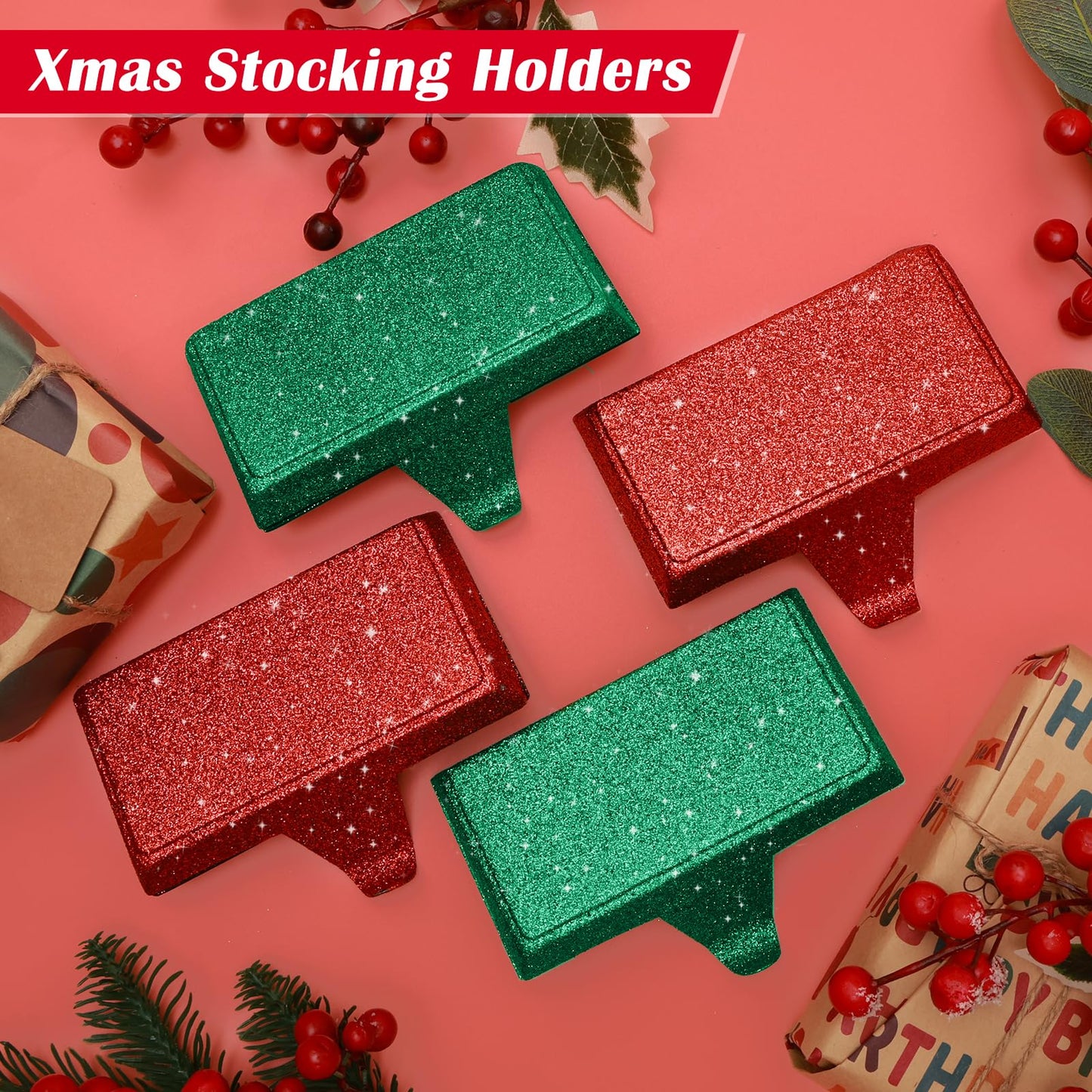 GoClimber Christmas Stocking Holders for Mantle Set of 4, Weighted Stocking Holder Fireplace Stocking Hangers for Xmas Holiday Party Decoration
