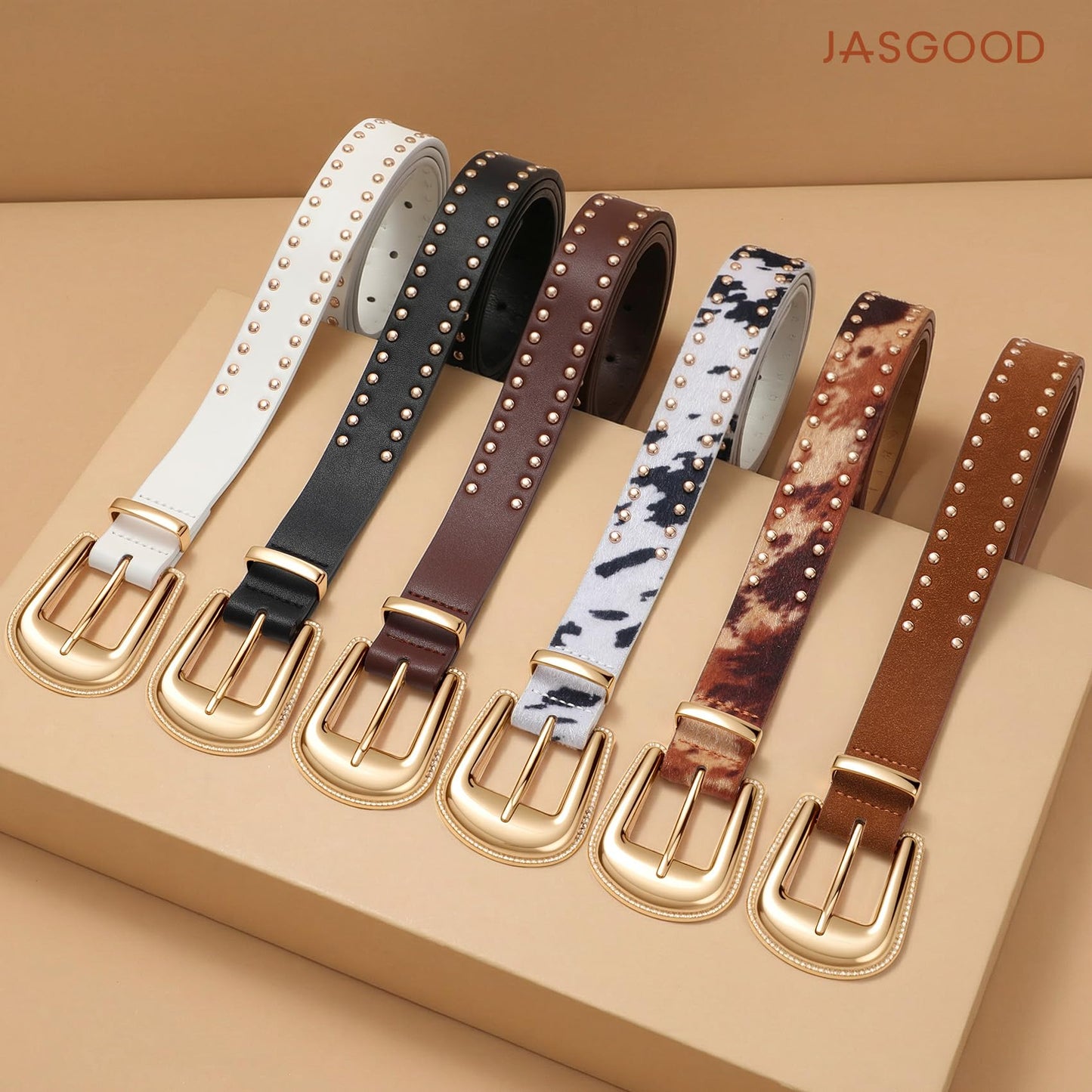 JASGOOD Women Western Belt with Gold Buckle Leather Wide Belts for Jeans Ladies Beige Punk Studded Waist Belts 1.1" Width