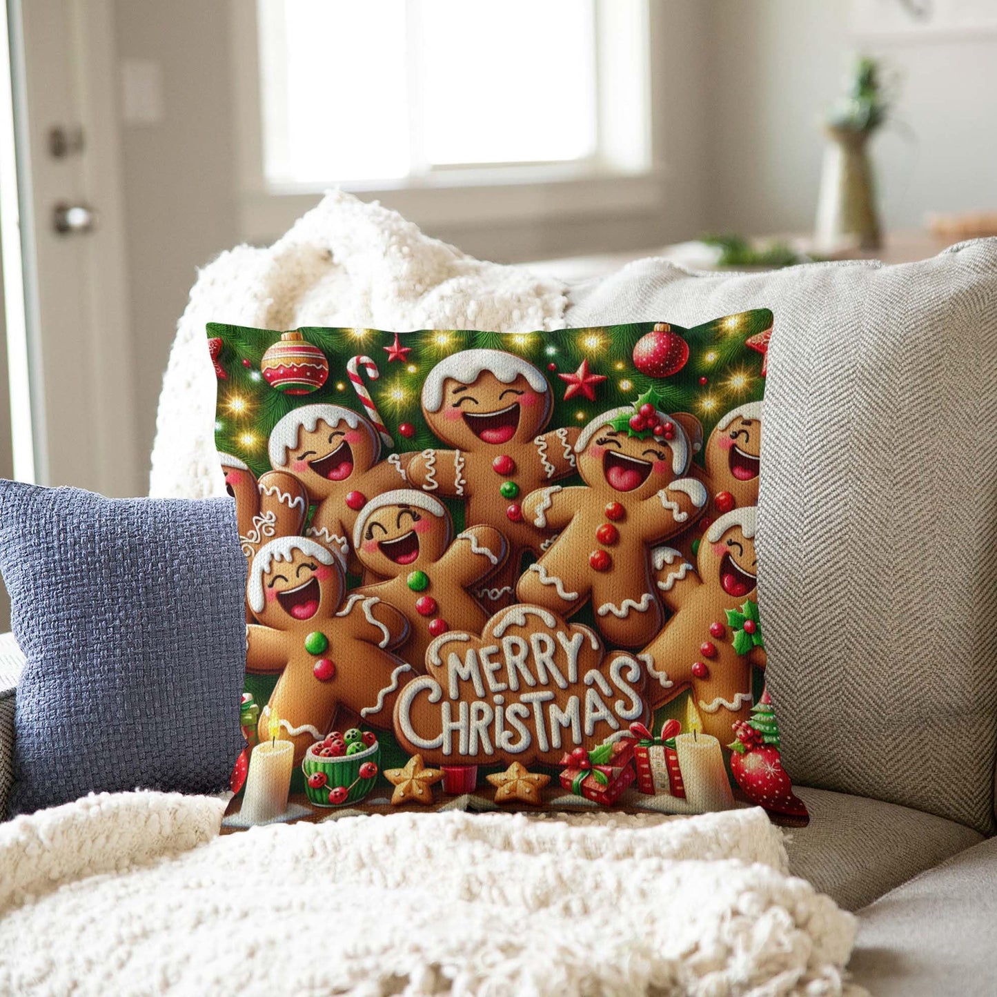 Jiaopenyou Throw Pillow Cover 20x20 Inch,Gingerbread Men Dancing Merry Christmas Decorated with Icing Candies Christmas Tree Throw Pillow Case,Home Decor Cushion Covers for Sofa Living Room Couch Bed