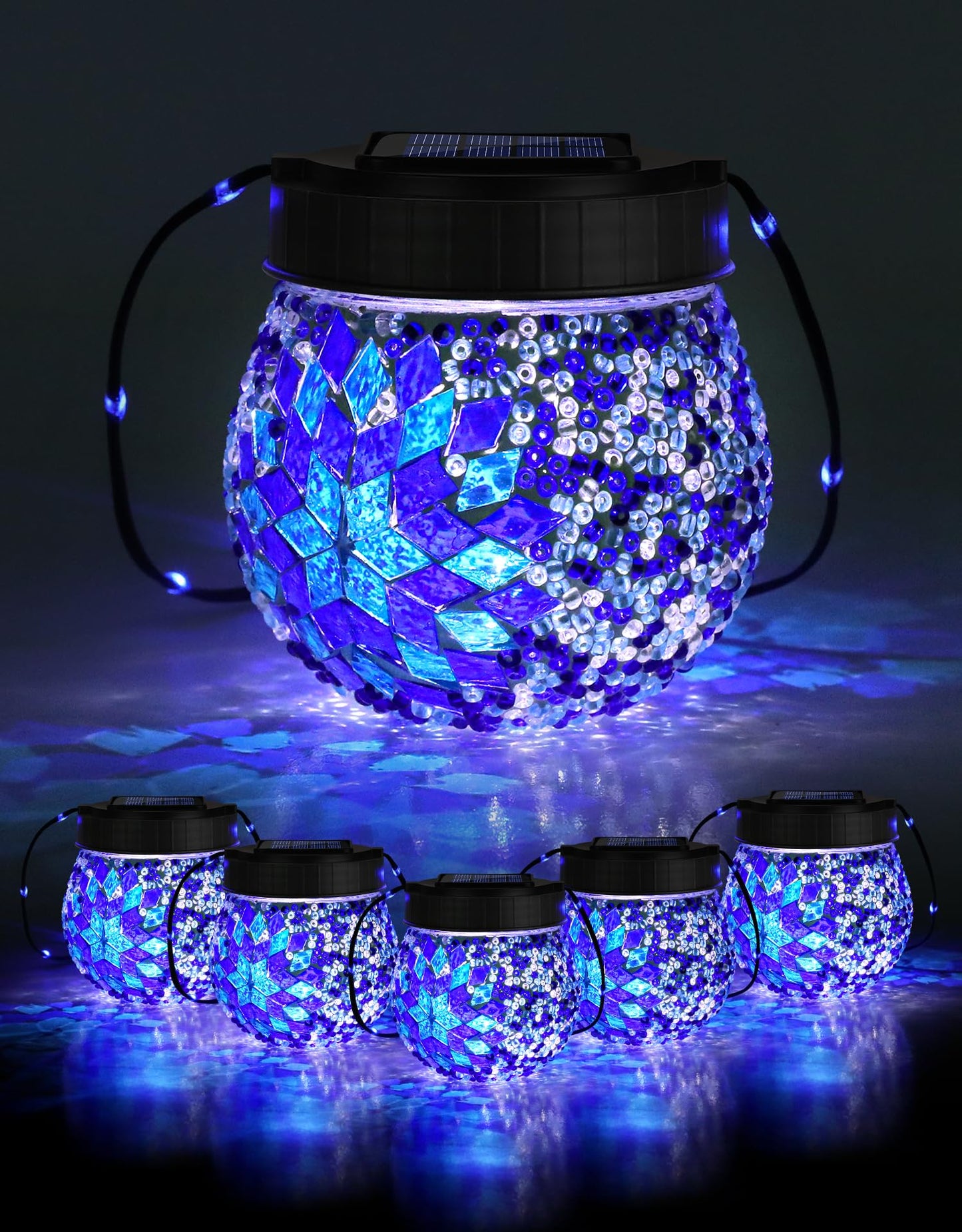 Mosaic Solar Lights Outdoor 6 Pack, Solar Hanging Lanterns Christmas Halloween Gifts for Women Mom Grandma, Waterproof Glass Globe Lights, Garden Patio Decor for Yard, Tree, Balcony, Cold