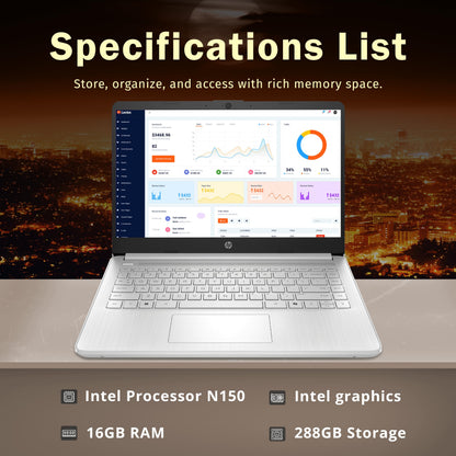 HP Stream 14" HD BrightView Laptop, Intel Celeron N150, 16GB RAM, 288GB Storage (128GB eMMC + 160GB Docking Station Set), Intel UHD Graphics, 720p Webcam, Wi-Fi, 1 Year Office 365, Win 11 S, Silver