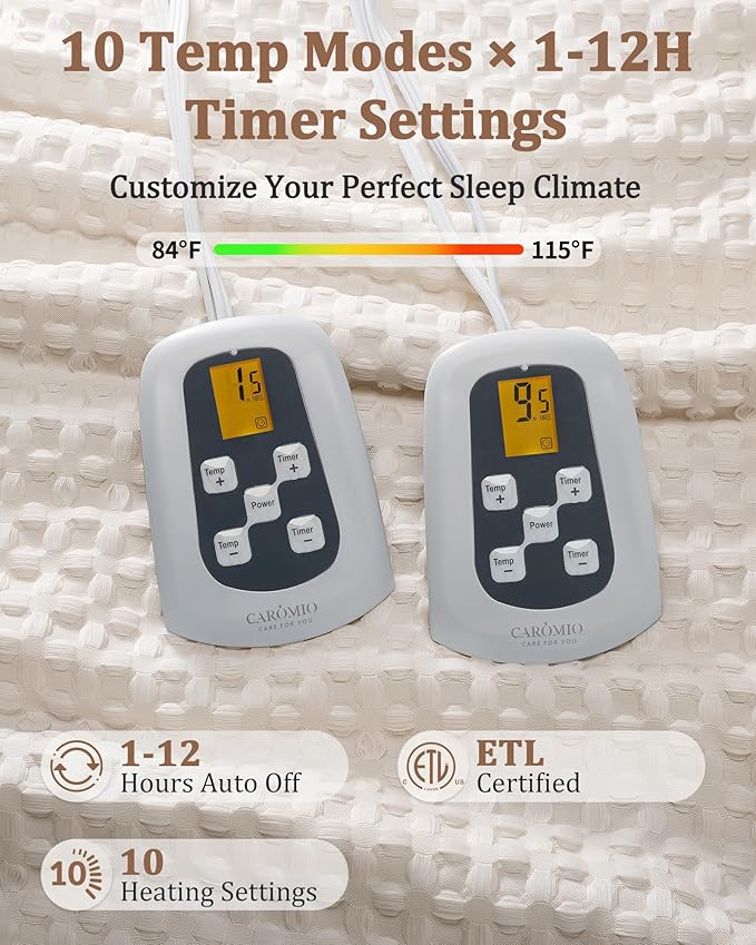 CAROMIO Heated Blanket King Size with LCD Dual Controller, Waffle Weave Fast Heating Electric Blankets, 10 Heat Levels & 1-12H Time Settings, ETL Certified, Machine Washable, Beige, 100" x 90"