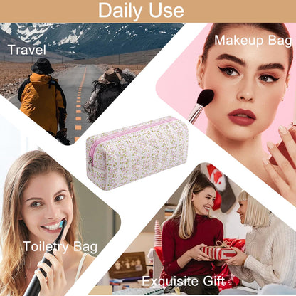HHQQWZ Cute Floral Cotton Makeup Brush Cosmetic Bag for Women, Travel Quilted Zipper Make Up Bag, Flowers Toiletry Organizer Case Kawaii Makeup Cosmetic Travel Cloth Pouch (Pink Floral)