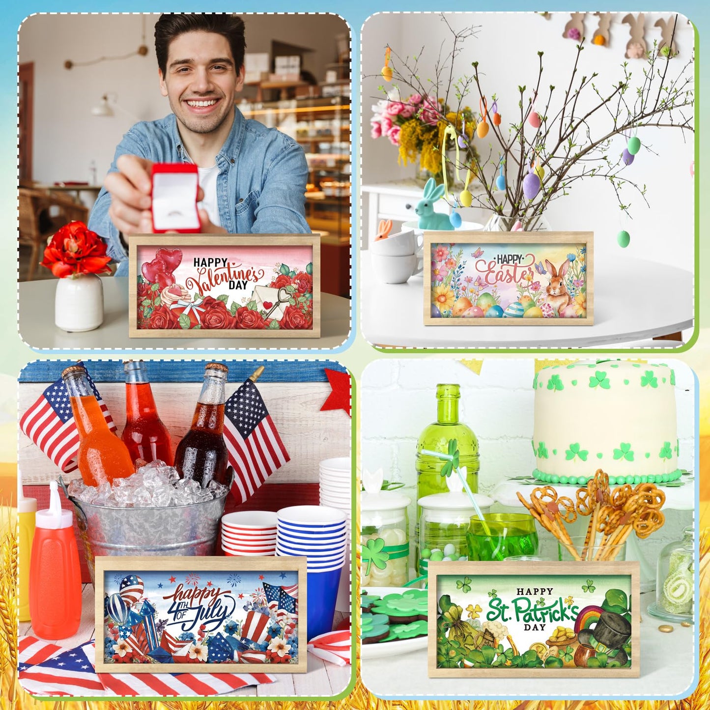 RattanView 25 Pcs 9.7 x 4.8" Interchangeable Seasonal Decor Holiday Sign Wooden Desk Table Decor Interchangeable Welcome Sign with Wooden Frame Wreaths for 4th of July Office Home Rustic Tiered Tray
