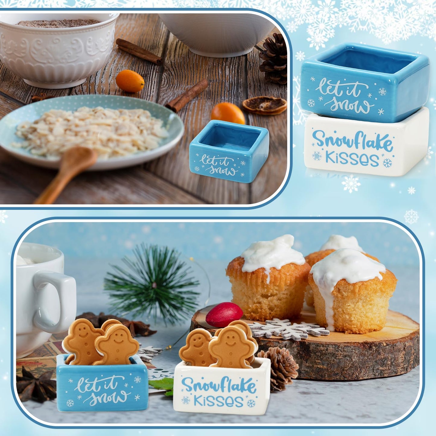 FYSUIMU Winter Mini Candy Dish Set of 2 Candy Bowl White Blue Snowflake Kisses Ceramic Bowls for Xmas Winter Table Tiered Tray Decor